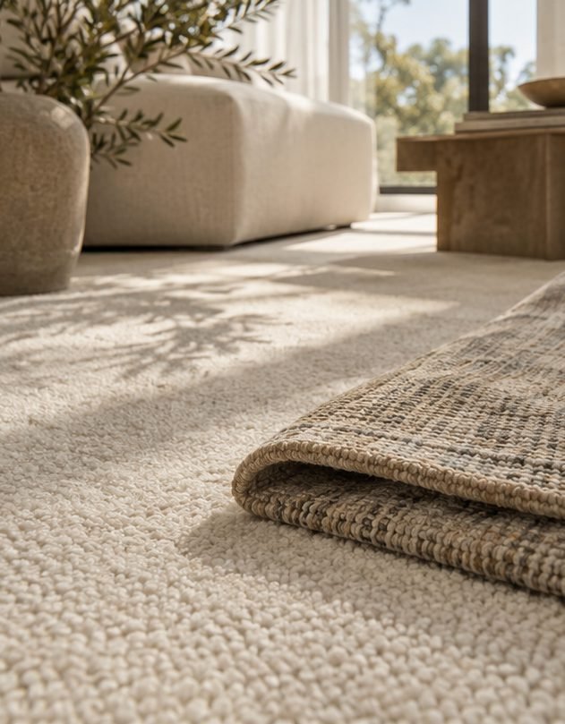 Neutral carpet and textured area rug in a sunlit room