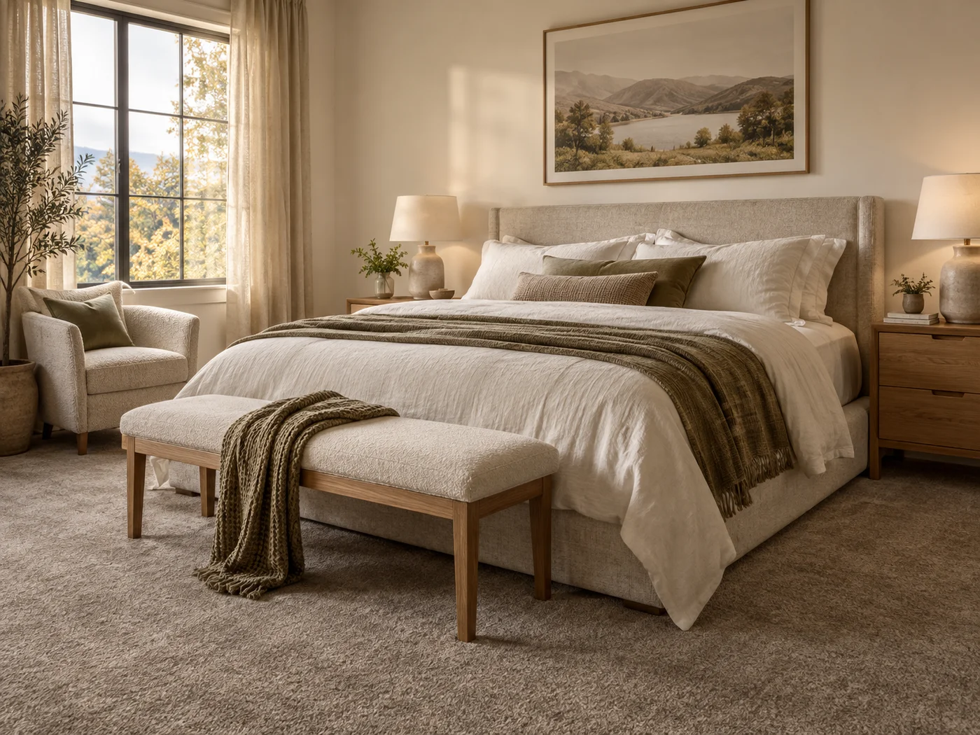 Soft taupe carpet in a bedroom with linen bedding