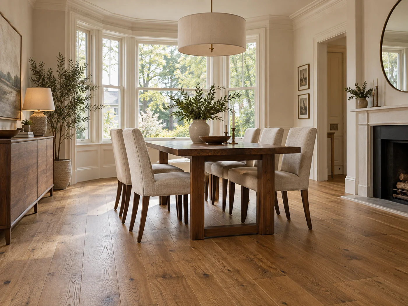 Oak flooring in a sunlit dining room with walnut furniture