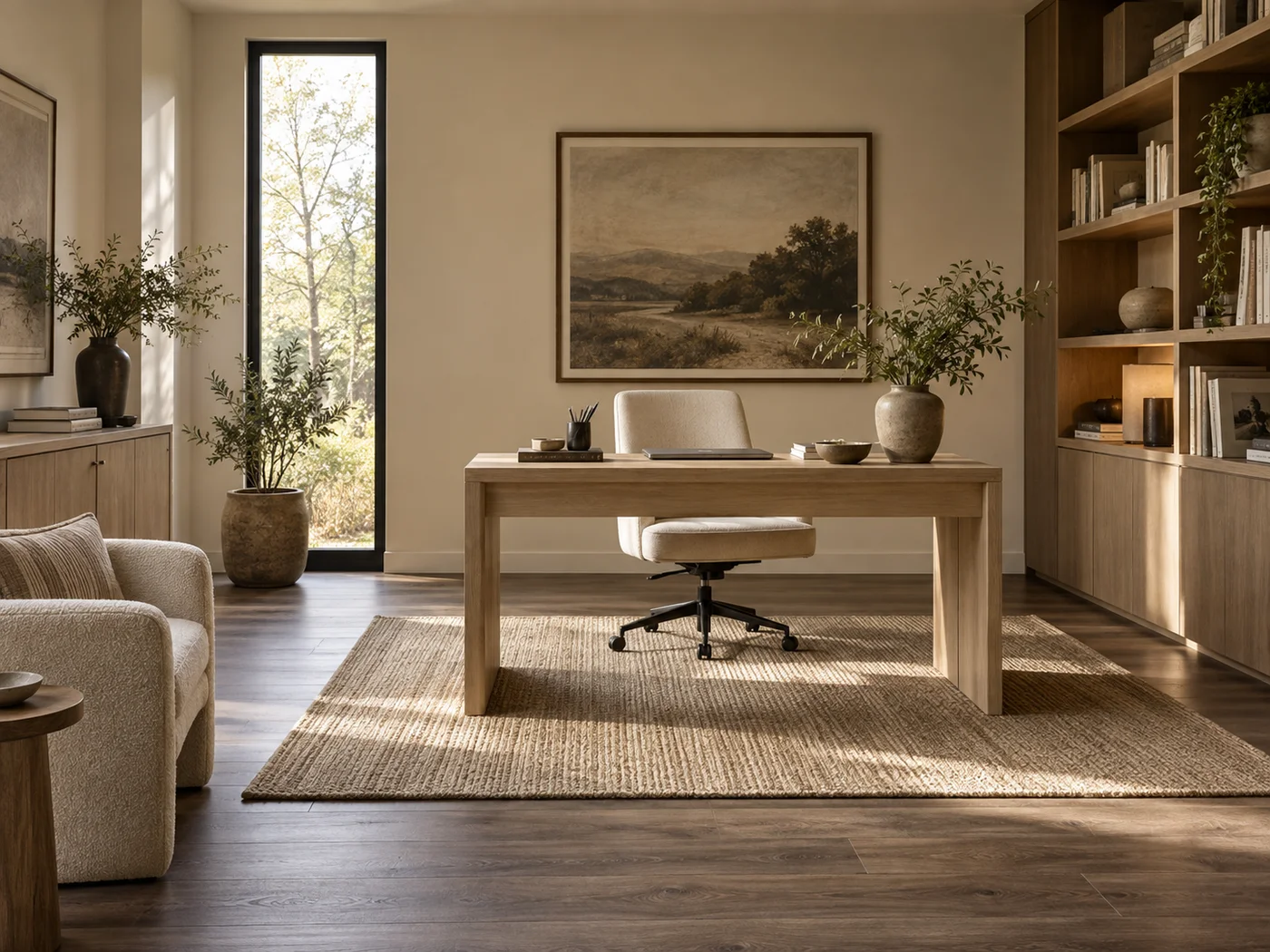 Smoked wood-look flooring in a warm home office
