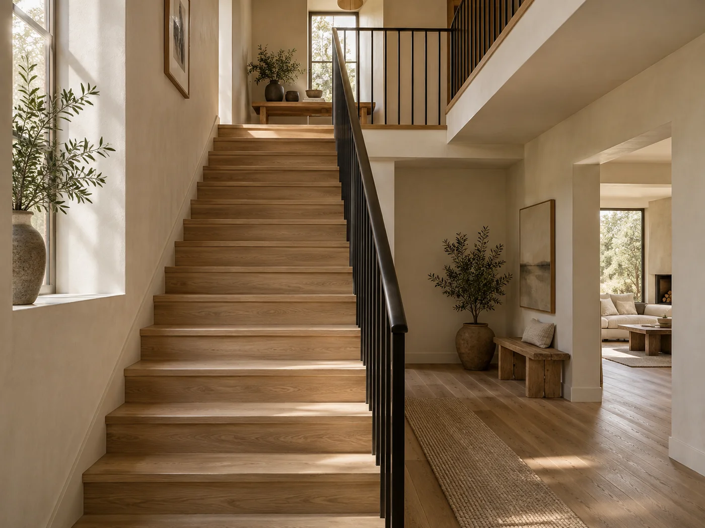 Oak staircase and landing with a simple black railing