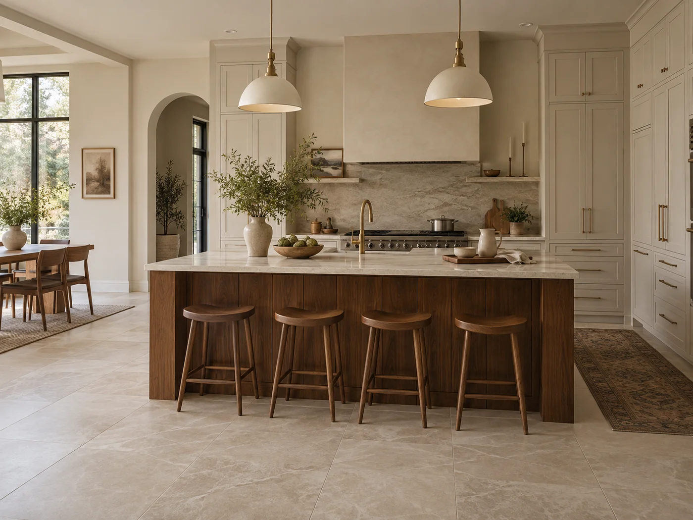 Large-format tile flooring in a kitchen with a walnut island