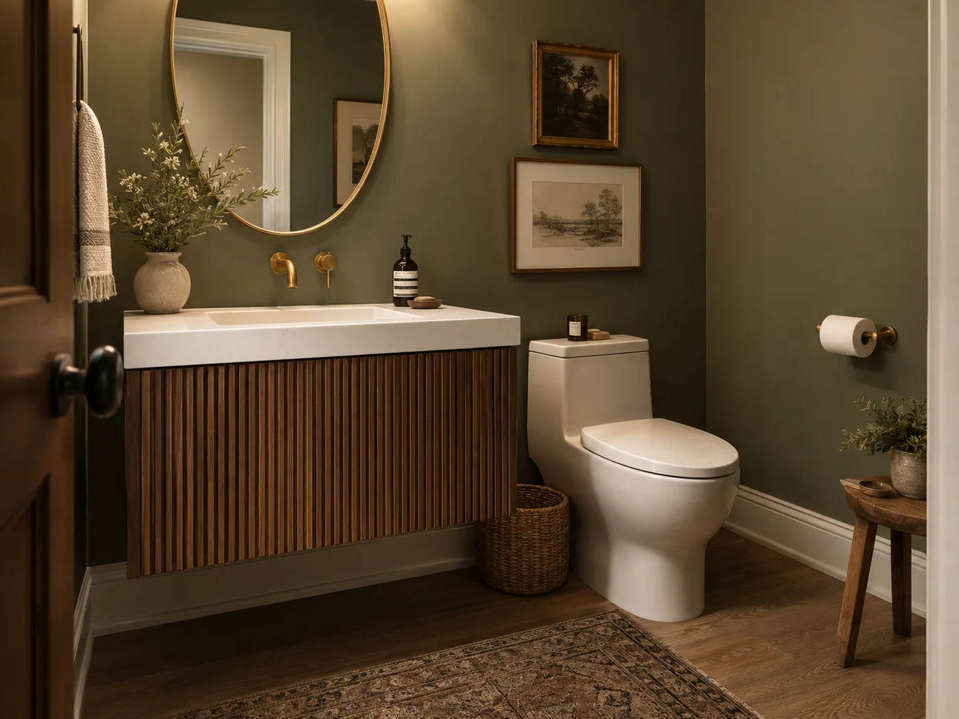 Fluted walnut floating vanity in an olive-green powder room