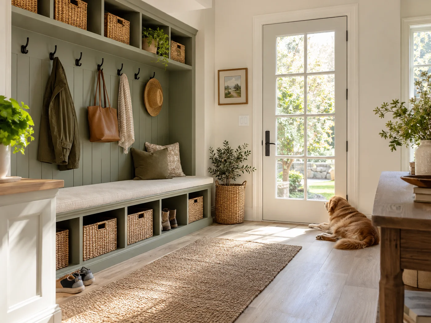 Pale wood-look flooring in a sage-green mudroom