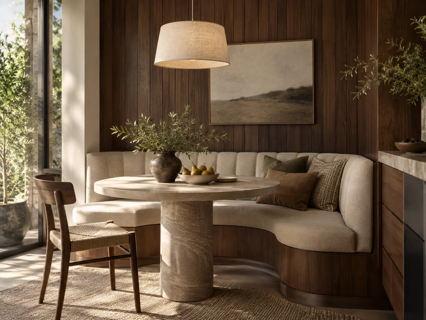 Dark walnut wall panels behind a curved dining banquette