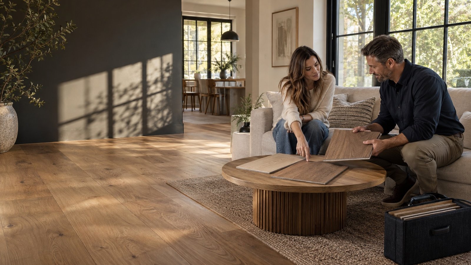 A homeowner and advisor comparing flooring samples at home
