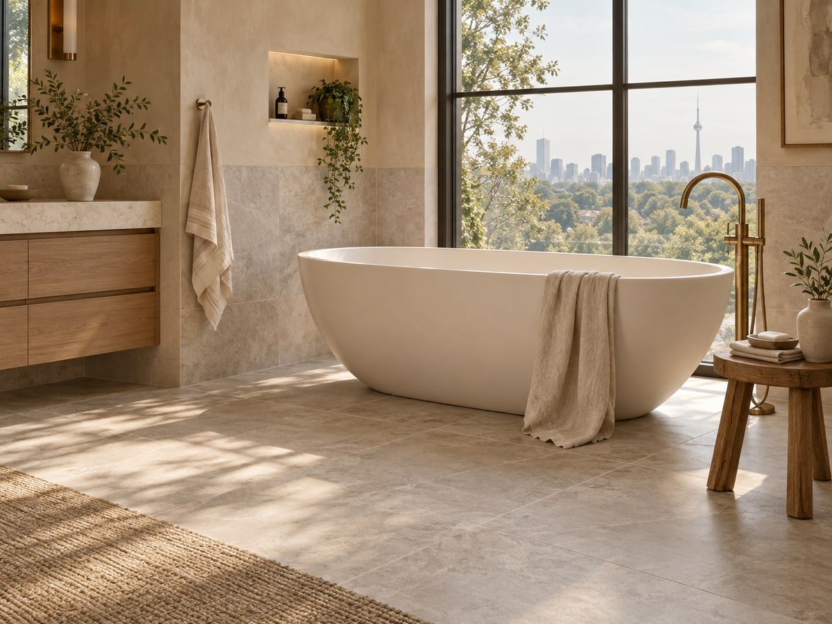 Limestone-look tiled bathroom with a freestanding bathtub