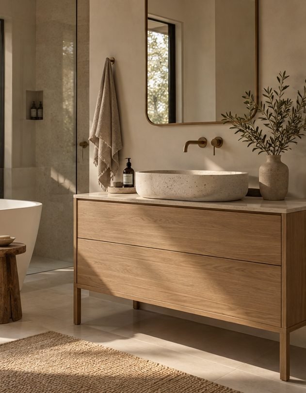 Oak bathroom vanity with a pale stone basin