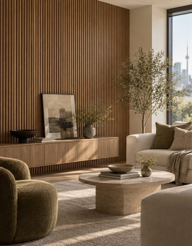 Natural oak acoustic wall panels in a living room