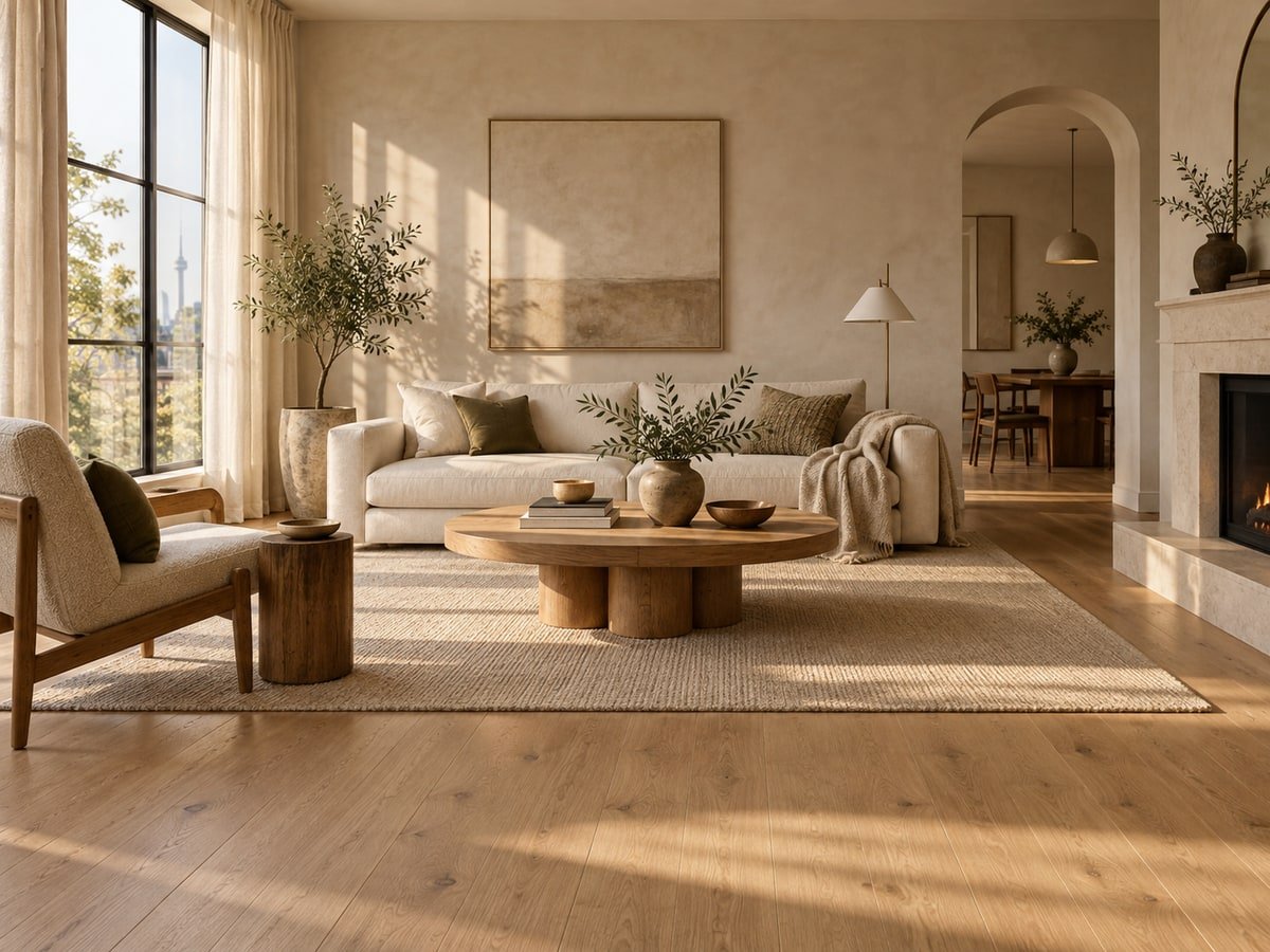 Sunlit living room with oak flooring and a linen sofa